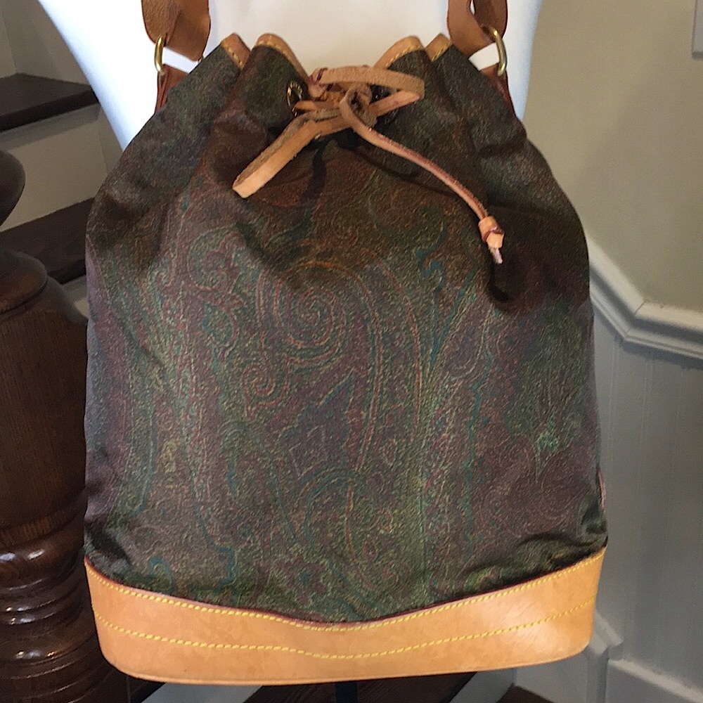 ETRO Milano Red Paisley Nylon Vachetta Leather Drawstring Bucket Shoulder Bag